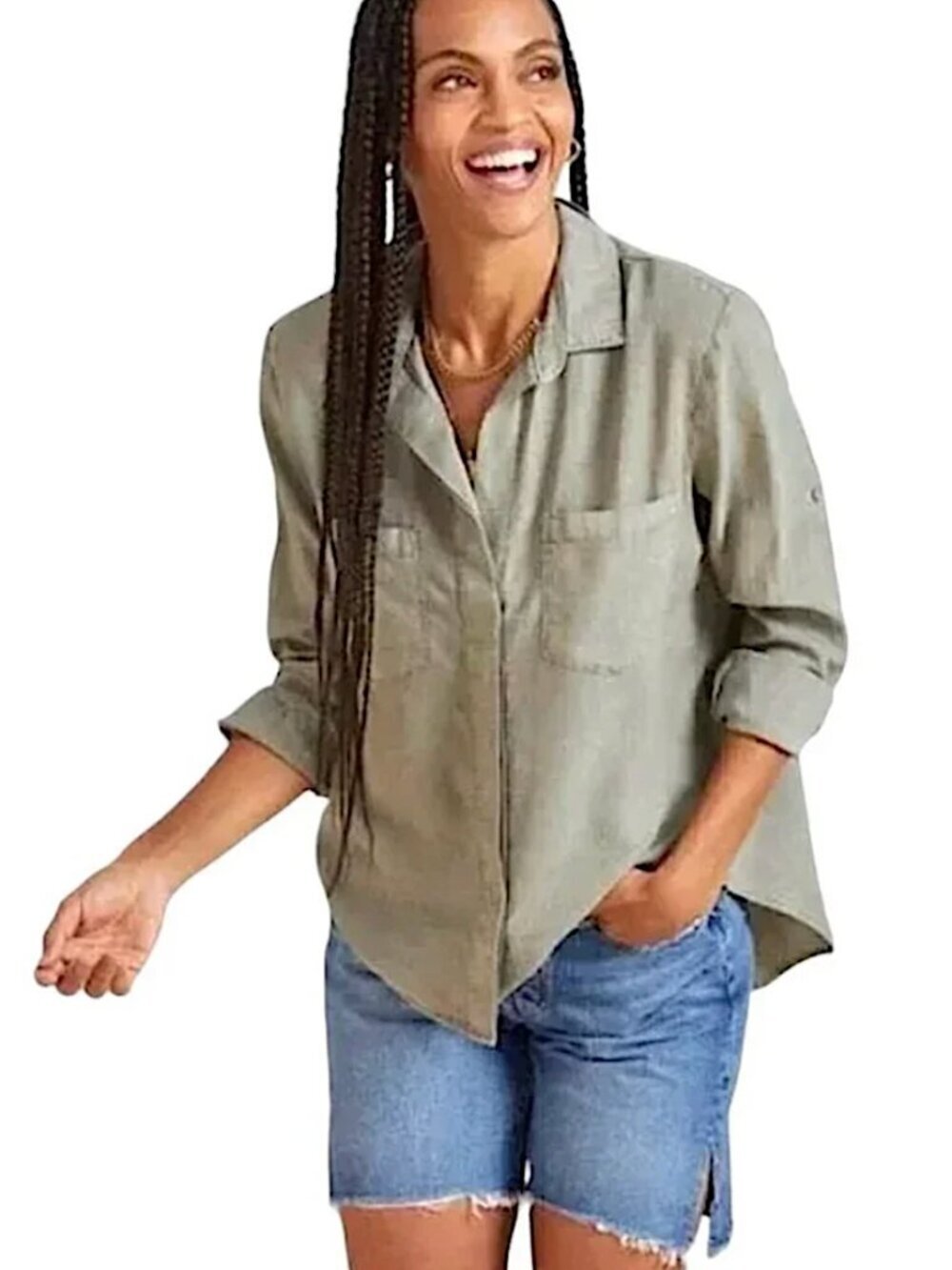 Anthropologie CLOTH & STONE Green Split Back Button Up High Low Shirt